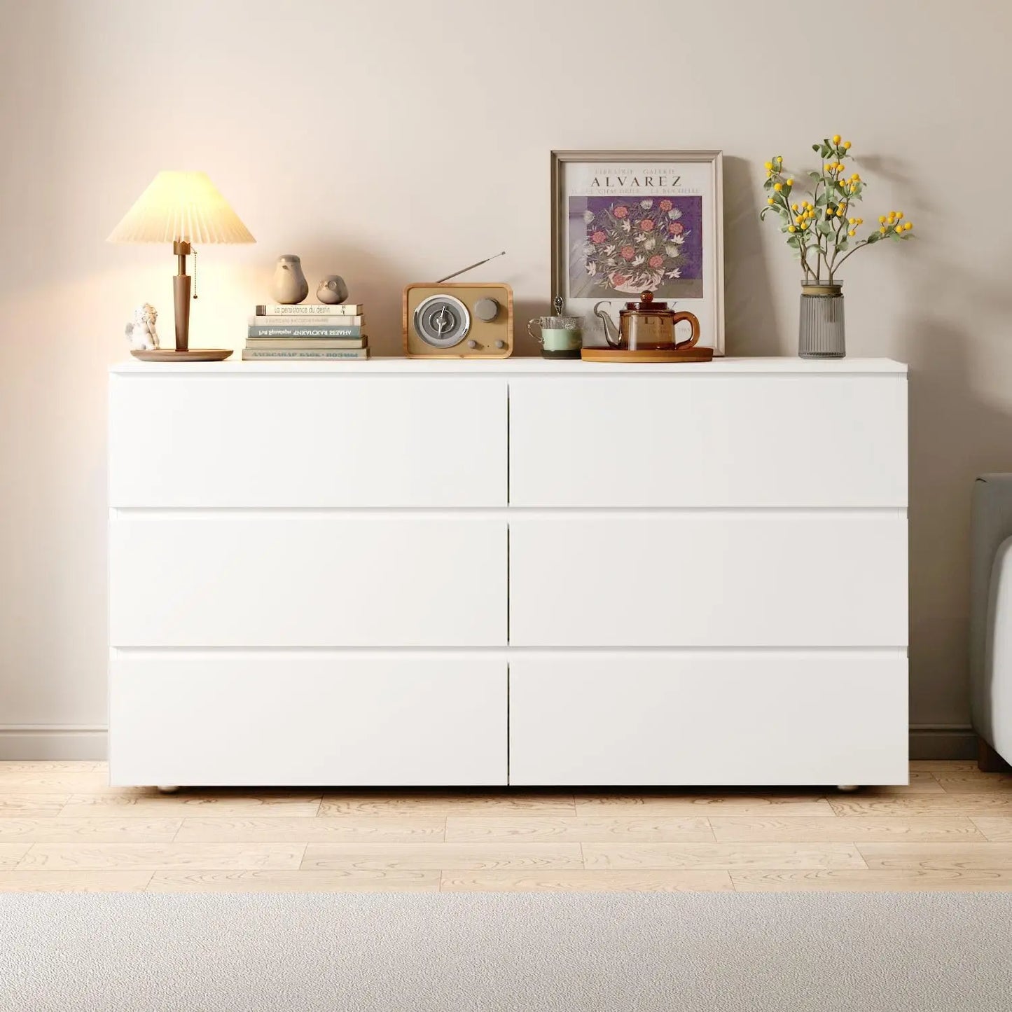 Hatab White Dresser No Handles, 6 Drawer Chest with Wide Storage