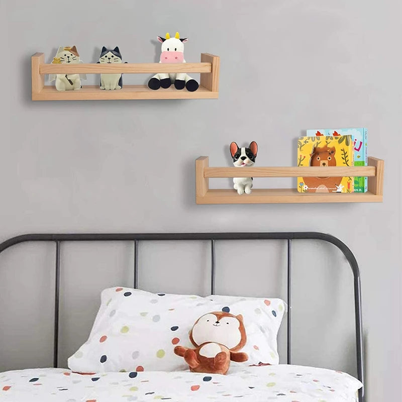 2Pcs Bookshelf Natural Wood Floating Wall Bookshelf for Kids Nursery Shelves