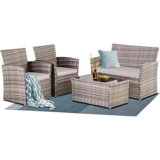 4 Piece Outdoor Furniture Set, Patio Sofa with Glass Coffee Table.