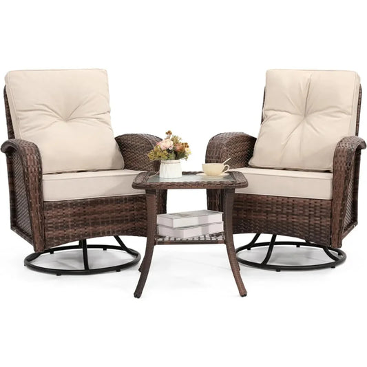 3PC Patio Furniture Set - Swivel Rocker Chair Bistro Set with Table,Beige Cushion.