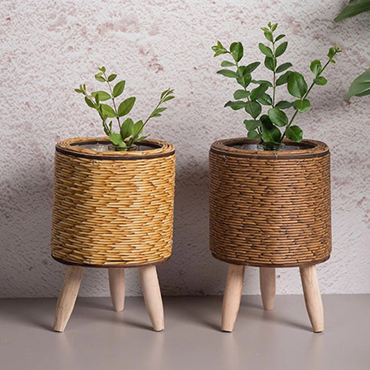 Flower Stand Woven Storage Basket With Wooden Legs