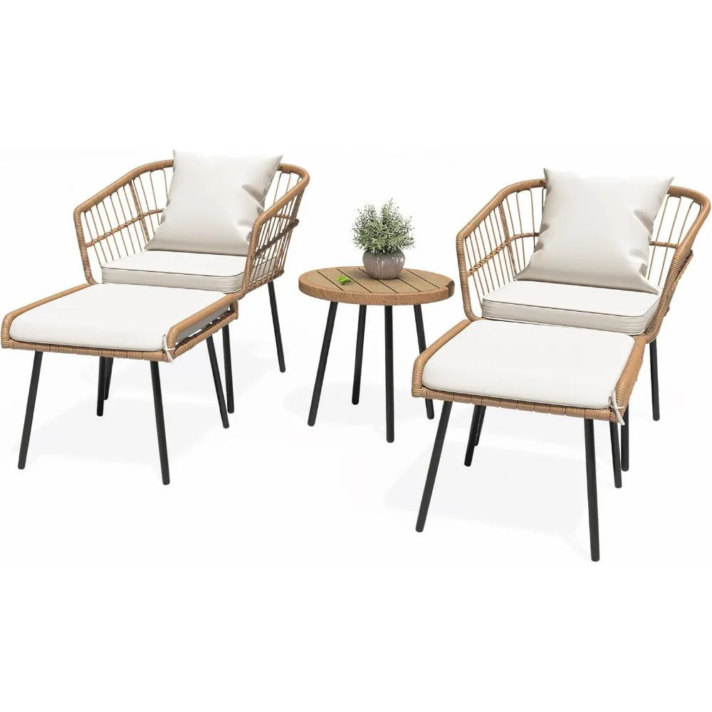 5-Piece Outdoor Wicker Furniture Set All Weather Set with Footrest Small Patio for Outside.