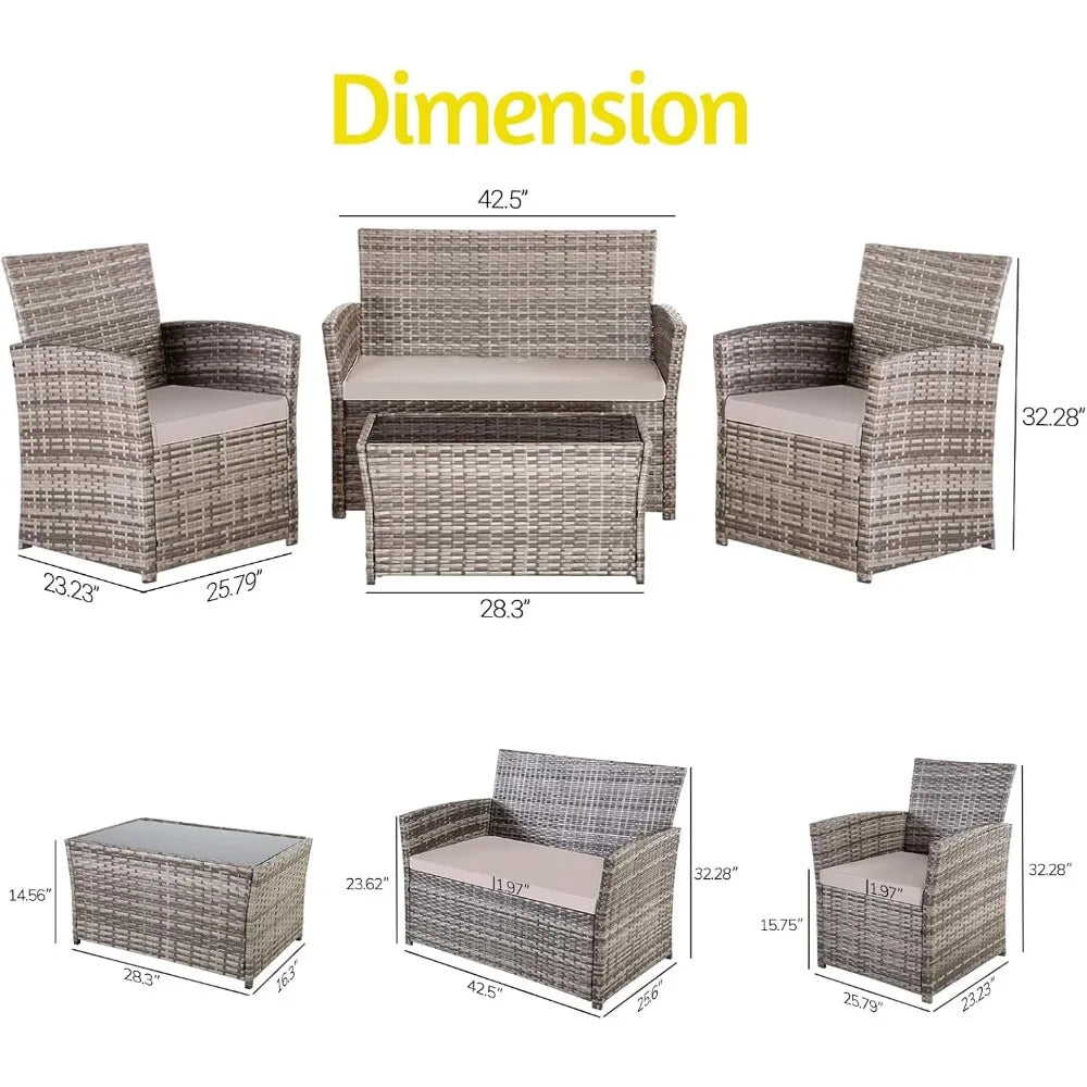 4 Piece Outdoor Furniture Set, Patio Sofa with Glass Coffee Table.