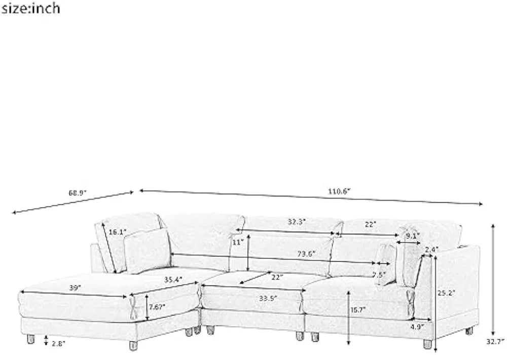 Sectional Comfy Cloud Living Room,L-Shape Chaise Lounge and Comfortable Waist Pillows