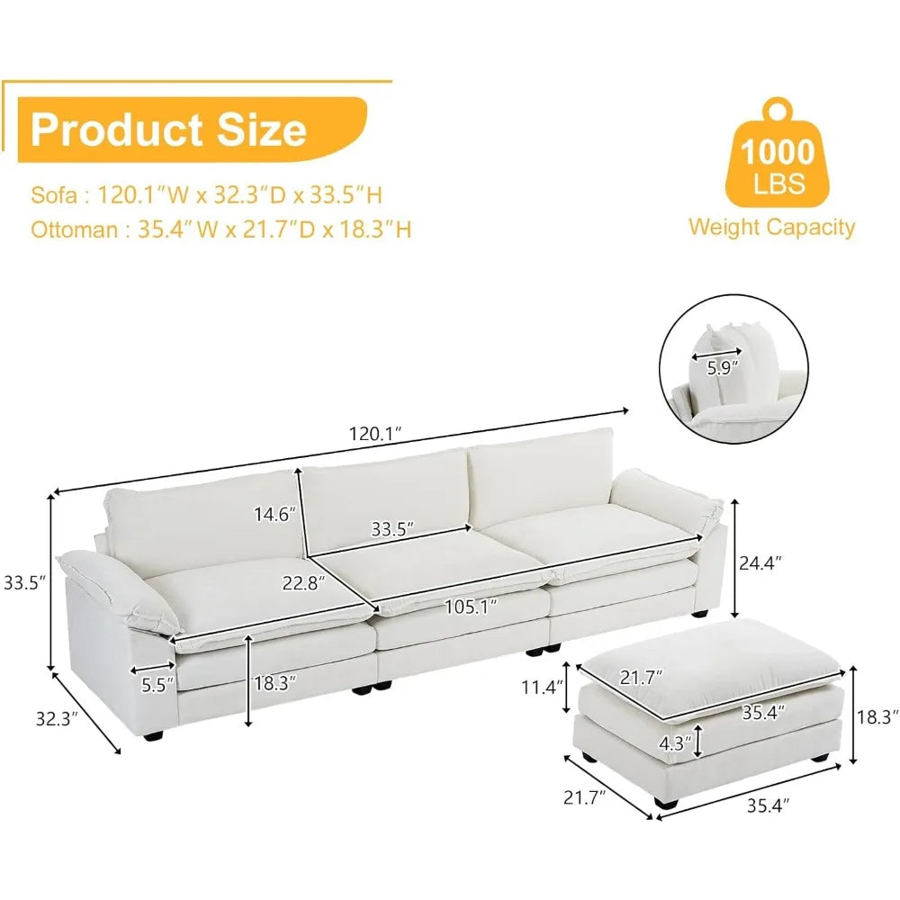 Sofa Sectional Deep 3-Seat Couch with Ottoman