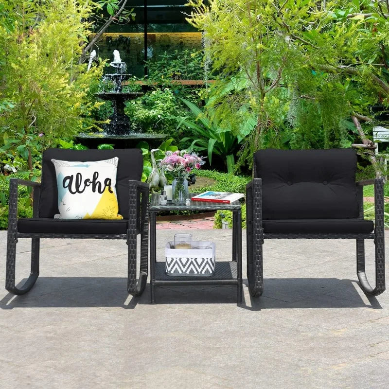 3 Pieces Cozy Rocking Bistro Set Wicker & Cushioned