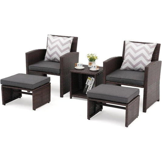 5-Piece chairs Wicker Patio Conversation Set with Ottomans & Storage Table