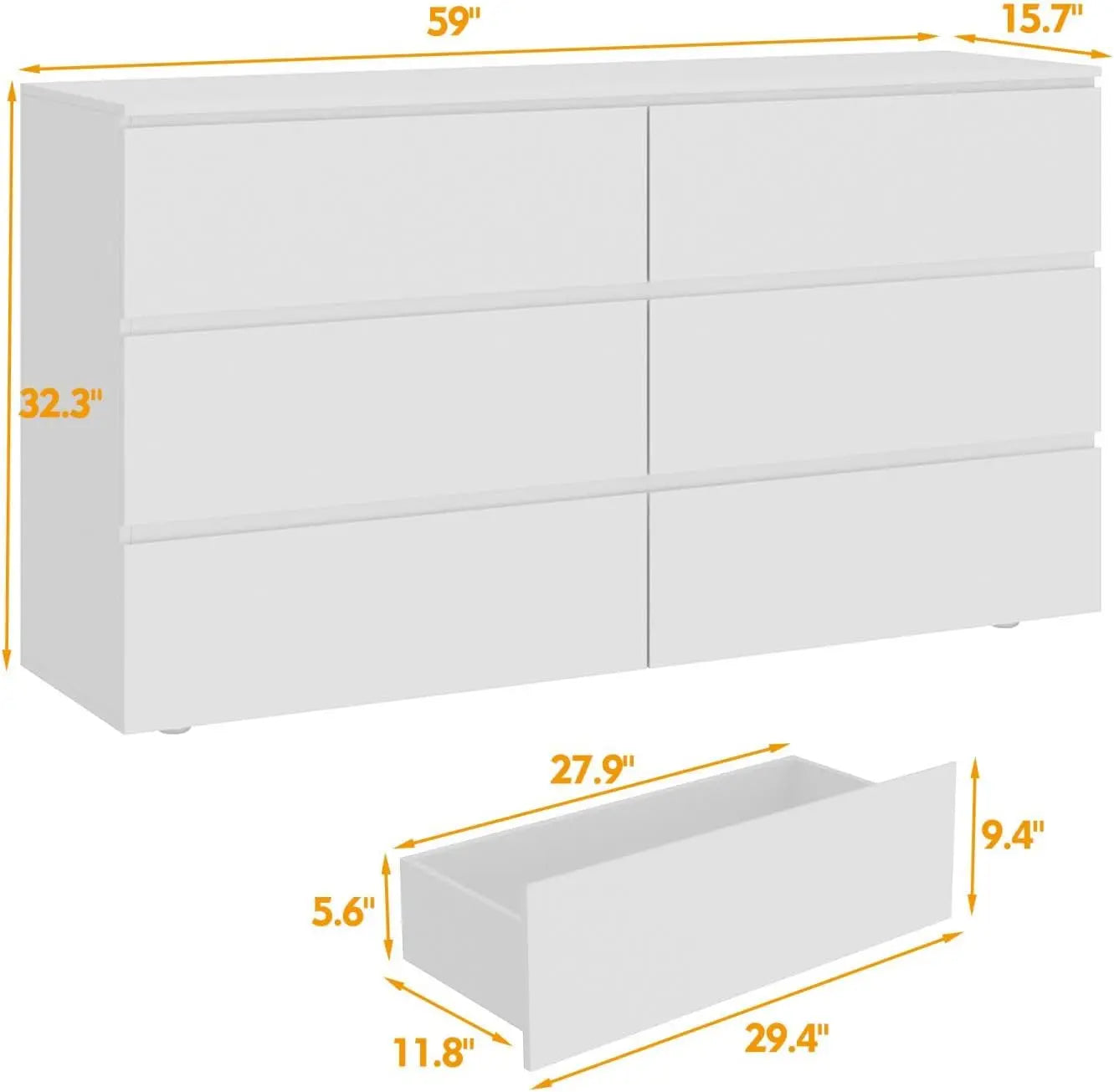 Hatab White Dresser No Handles, 6 Drawer Chest with Wide Storage