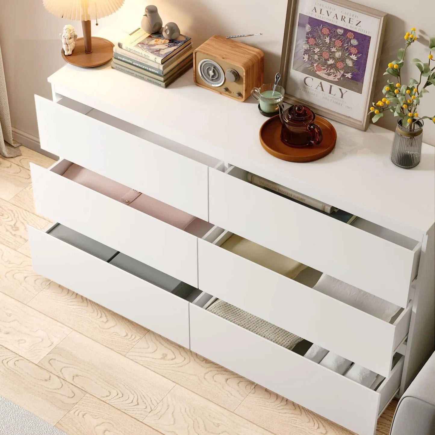 Hatab White Dresser No Handles, 6 Drawer Chest with Wide Storage