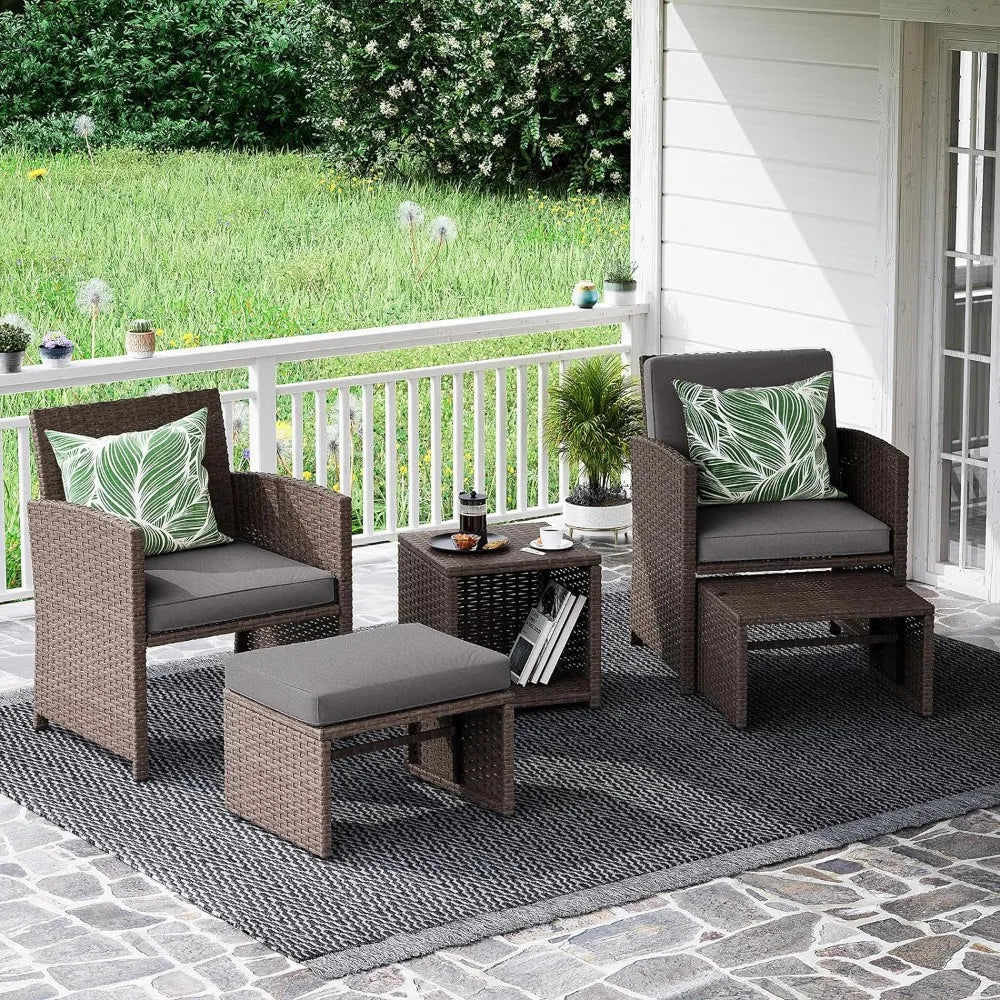 5-Piece chairs Wicker Patio Conversation Set with Ottomans & Storage Table