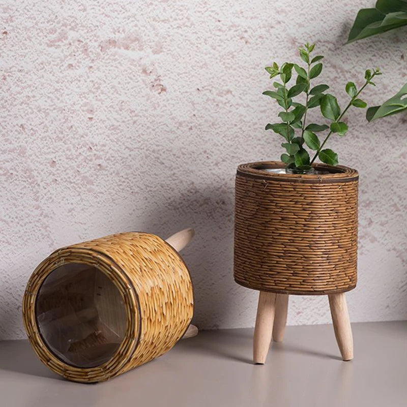 Flower Stand Woven Storage Basket With Wooden Legs