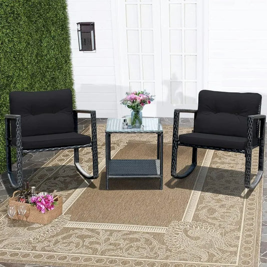 3 Pieces Cozy Rocking Bistro Set Wicker & Cushioned