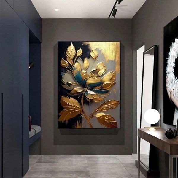 Golden Luxurious Floral Wall Art Print Poster Nordic Decoration Abstract Pictures for Modern Living Room Decor.