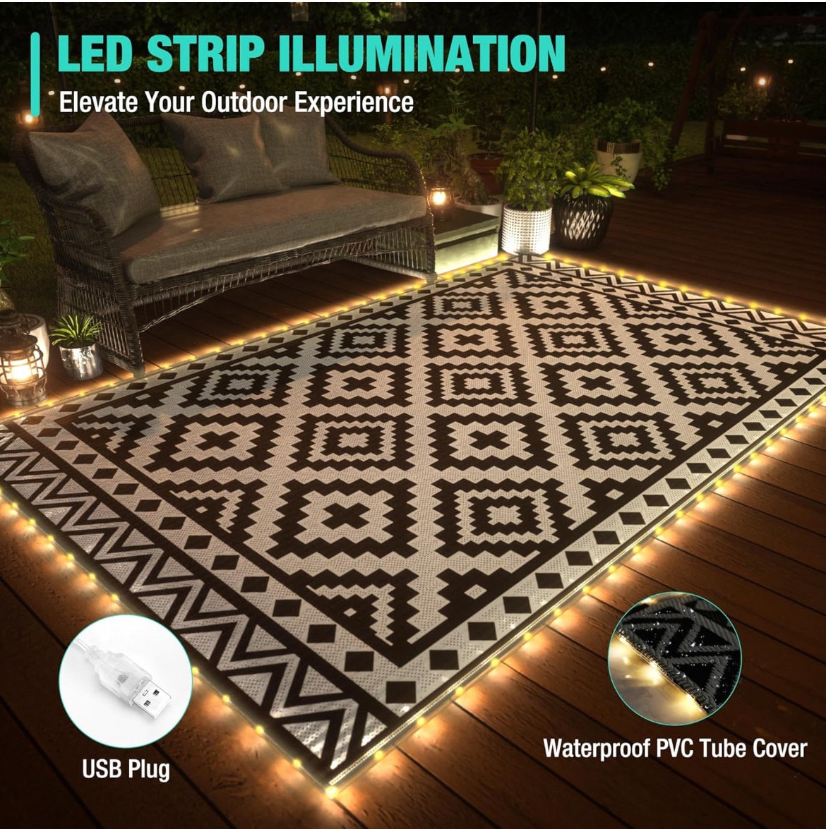 Outdoor Rug Waterproof for Patio ,Foldable Reversible Plastic Straw Area Rugs Mat with String Light, Led Carpet for Camper, picnic beach