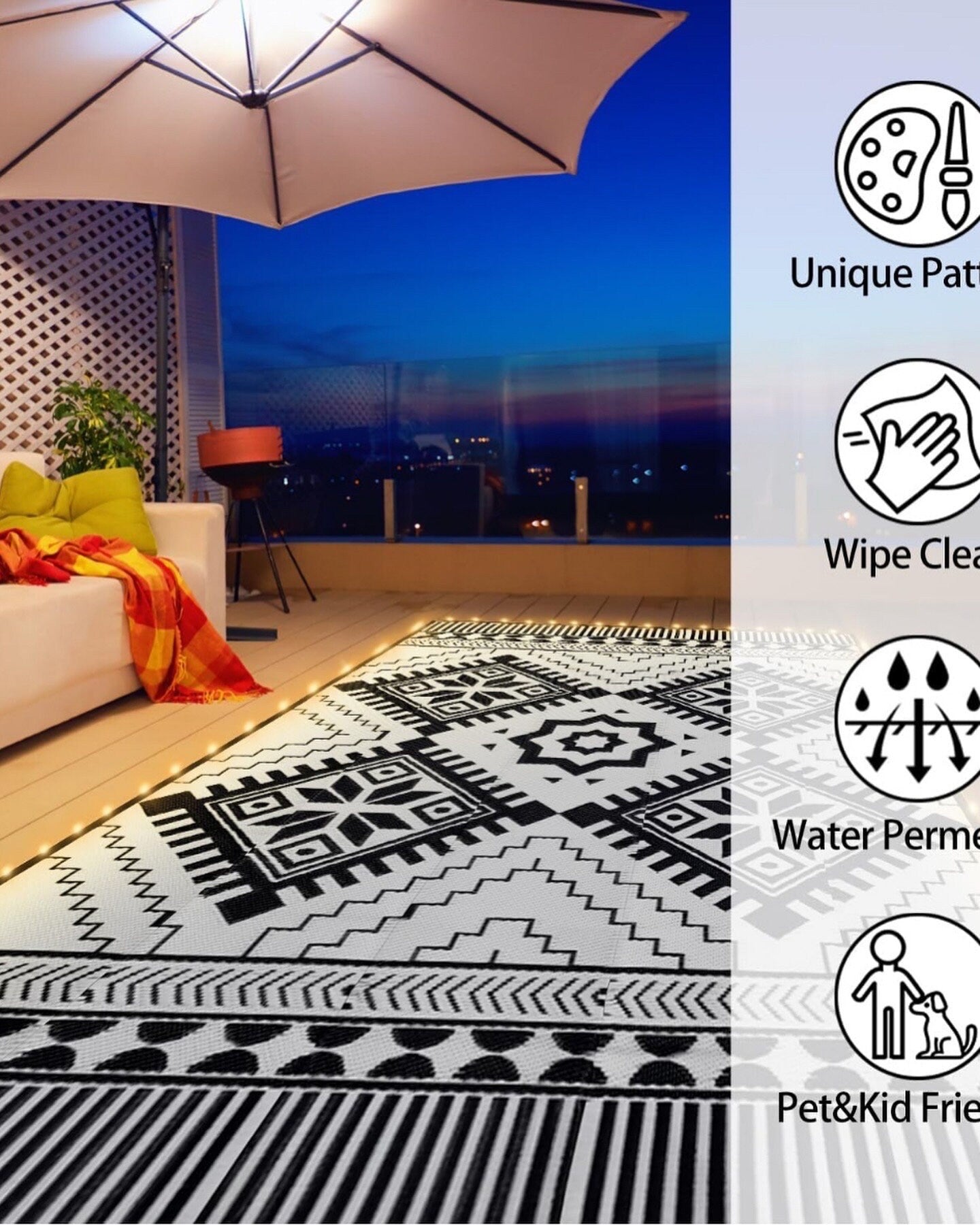 Outdoor Rug Waterproof for Patio ,Foldable Reversible Plastic Straw Area Rugs Mat with String Light, Led Carpet for Camper, picnic beach