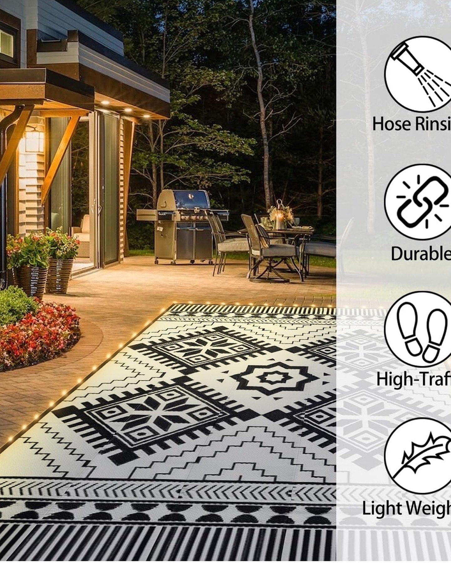 Outdoor Rug Waterproof for Patio ,Foldable Reversible Plastic Straw Area Rugs Mat with String Light, Led Carpet for Camper, picnic beach