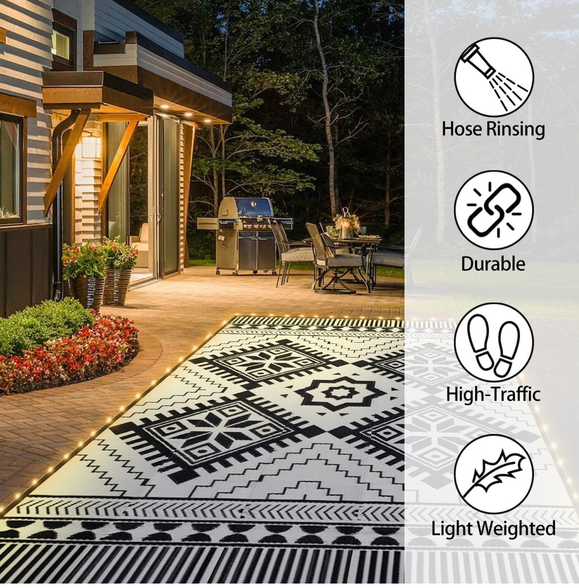 Outdoor Rug Waterproof for Patio ,Foldable Reversible Plastic Straw Area Rugs Mat with String Light, Led Carpet for Camper, picnic beach