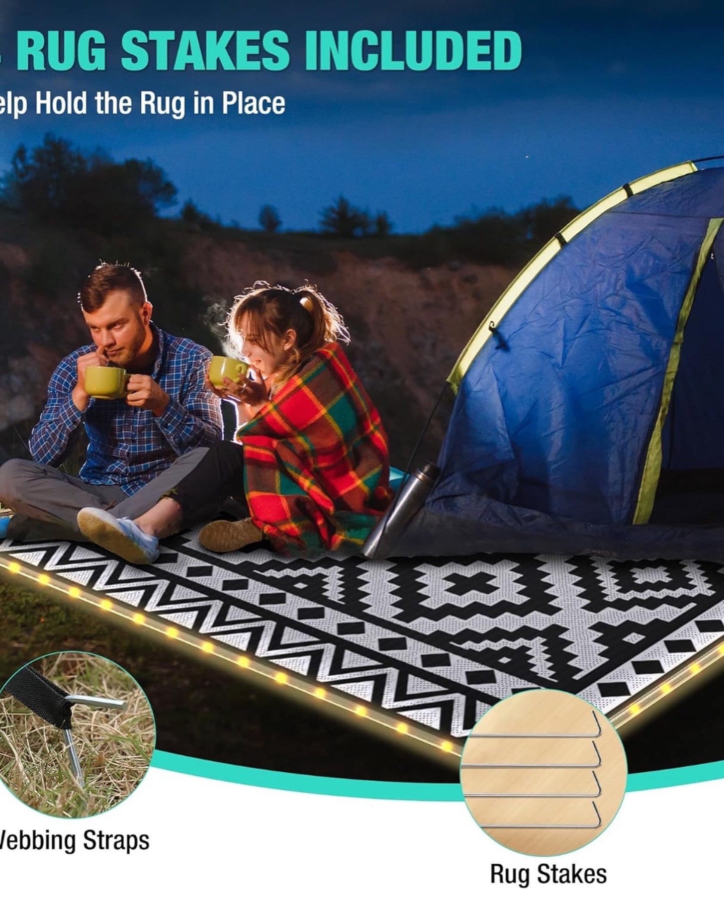 Outdoor Rug Waterproof for Patio ,Foldable Reversible Plastic Straw Area Rugs Mat with String Light, Led Carpet for Camper, picnic beach